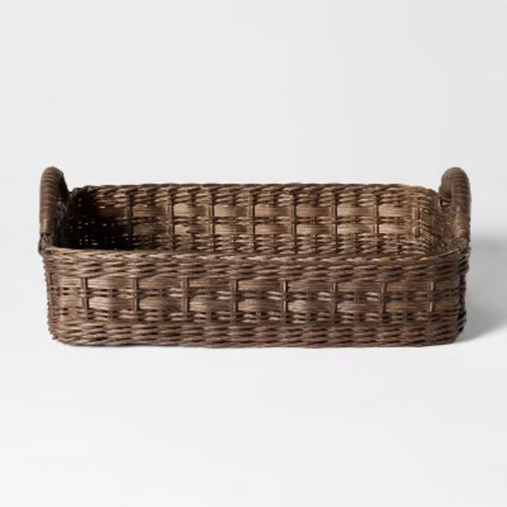 Open Box - Rattan Decorative Tray with Leather Handles Dark B Brown